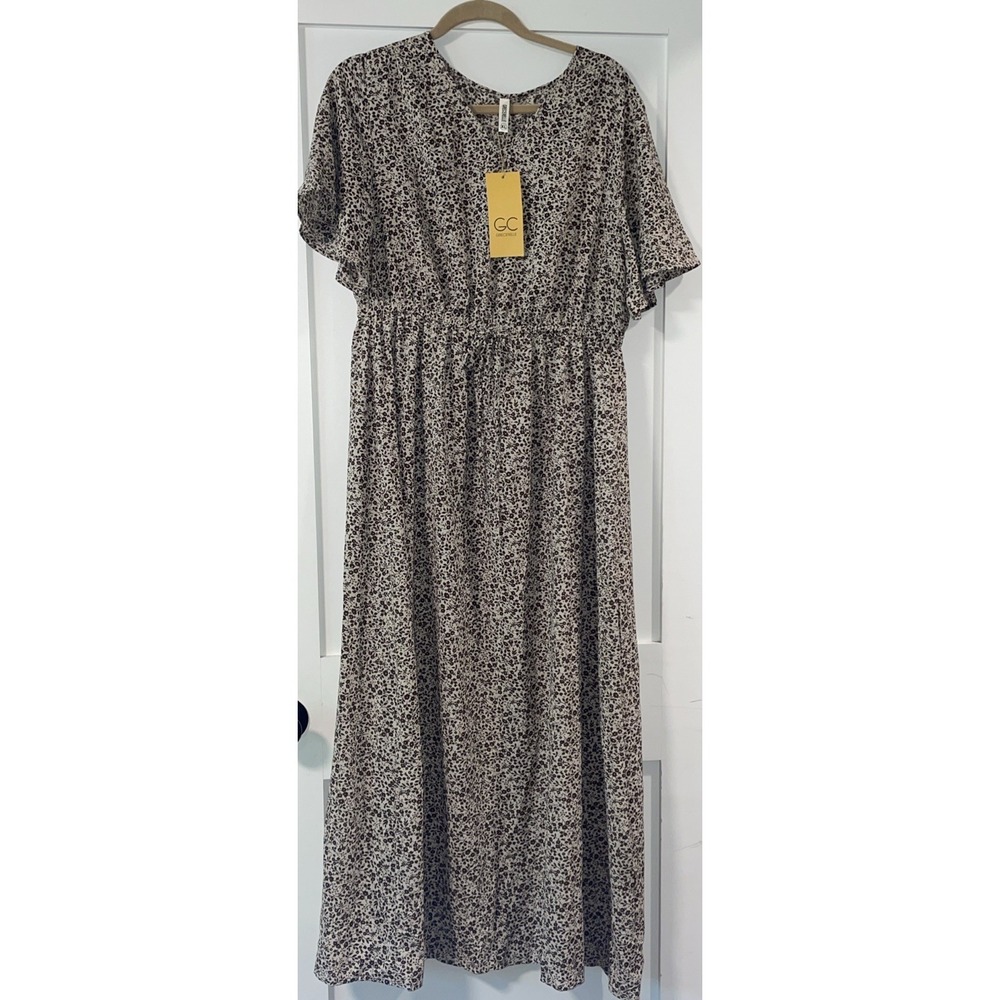 Grecerelle Brown Floral Flutter Sleeve Maxi Dress Size XL NWT